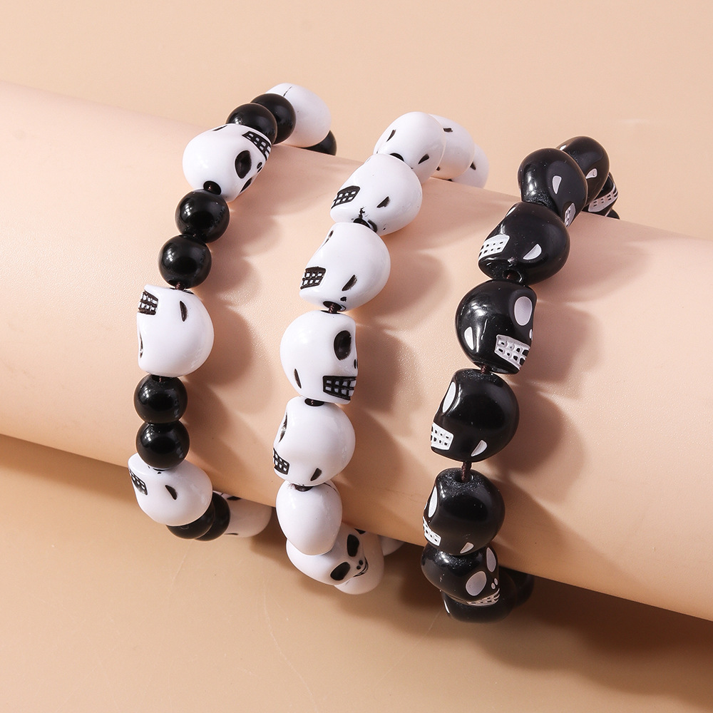 Men Accessories Ring And Bracelet - Halloween Punk Round Beads Resin Skull