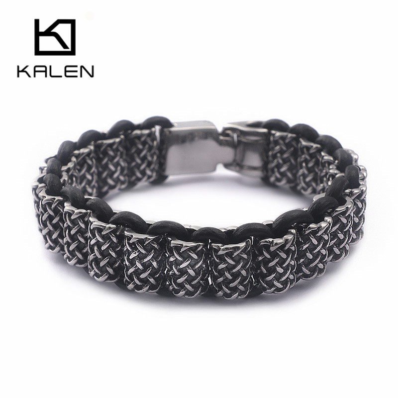 Men Accessories Ring And Bracelet - KALEN Vintage Black Leather Link Bracelets