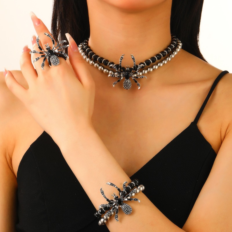 Men Accessories Ring And Bracelet - Gothic Spider Beads Bracelet Ring Necklace