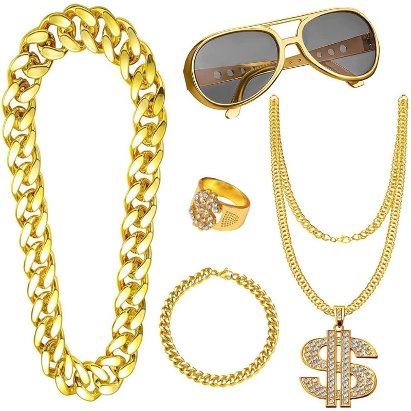 Men Accessories Ring And Bracelet - 5pcs Hip Hop Costume kit,80s Fancy